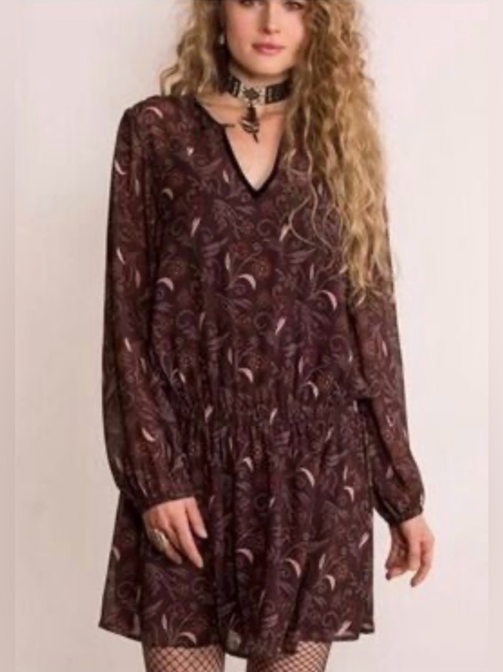 Double D Ranch Drop Waist Paisley Floral Sheer Long Sleeve Mini Dress Brown XL